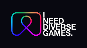 A black box with the text "I Need Diverse Games" a stylized controller in rainbow as their logo.